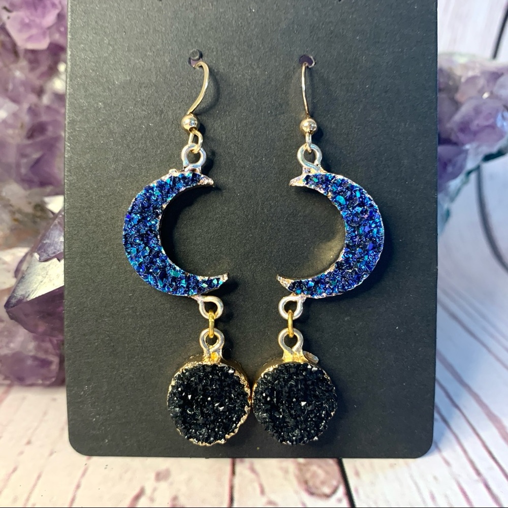 ⭐️ Faux Druzy Moon Gold Blue and Black Hanging Earrings